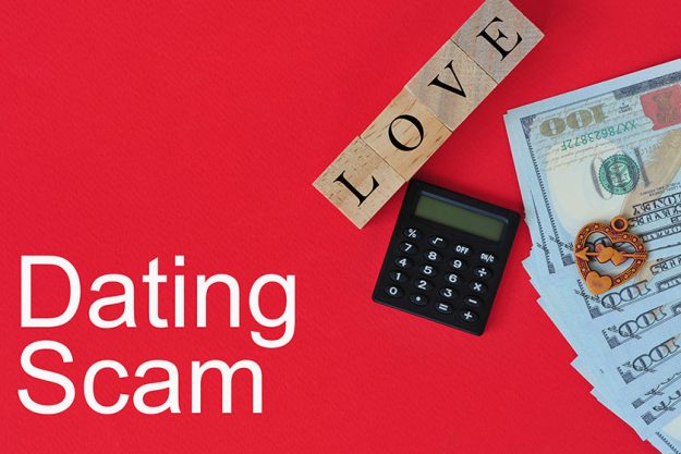 Top view calculator, wooden cube spelling LOVE, heart icon, fake money with text DATING SCAM. Financial and crime concept. Top view calculator, wooden cube spelling LOVE, heart icon, fake money with text DATING SCAM. Financial and crime concept.